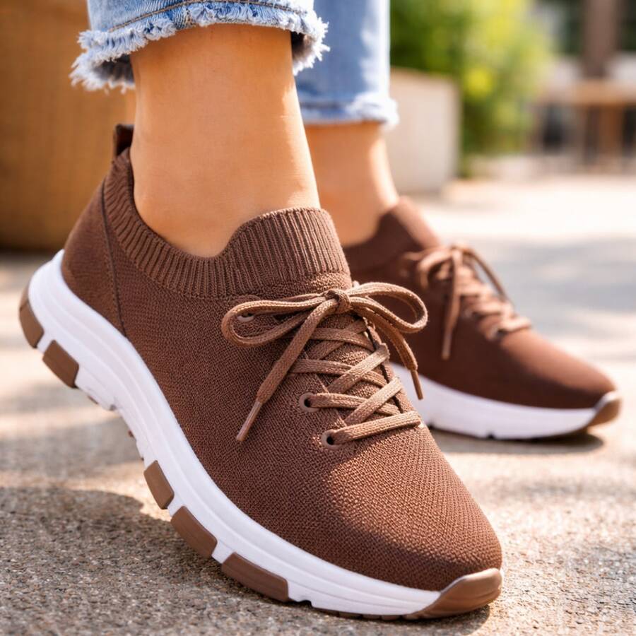 Women's Casual Platform Sneakers, Lightweight, Comfortable, Fashionable, Everyday, Gym, Walking, Sizes 34 To 39, On , Sporty, Lace-Up, Woven, Flying, Home - 鏽棕色 - 查看 1