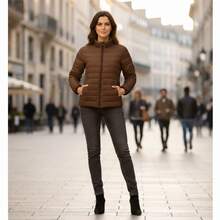 Women's Fleece-Lined Puffer Jacket Without Hood - 鏽棕色 - 查看 2