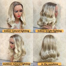 Glueless Lace Wig Synthetic 13x4 Lace Front Wigs For Women Medium DArk Brown Highlights Body Wave Wig Middle Part Realistic Look - Blonde Highlight - View 8