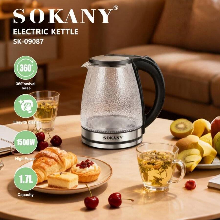 SOKANY 09087 多功能电水壶,1.7升大容量,家用,1500瓦快速沸腾,一键启动,精准控温,透明壶身,防尘壶嘴,防烫防干烧保护,适用于家庭、出租房、旅行和宿舍。 - 查看 1