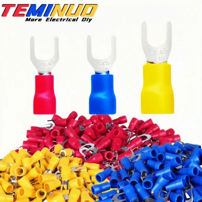 TEMINUO 120pcs Insulated Fork Spade Wire Butt Connectors - #8 Screw M4 Stud Size U-Type Electrical Cable Quick Splice Crimp Terminal Kit For 22-16 16-14 12-10 Gauge - Pvc Tinned Brass Copper Red Blue Yellow Set