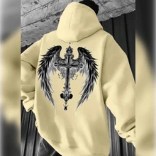 Unisex Kangaroo Hoodie For Women And Men, Flannel Hooded Jacket, Cotton Sweatshirt With Wings And Cross Design - 米色 - 查看 5