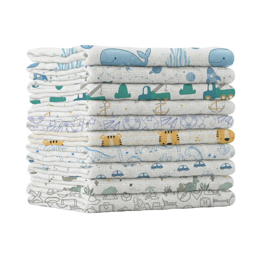 Pack/Kit Of 10 Luxury Printed Baby Bibs 35x35cm Plain, Unhemmed, 100% Cotton, Double Layer Fabric - Newborn Maternity Layette, Blue Boy's Bib - 男性 - 查看 1