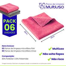 Kit Pano de Limpeza Cozinha Multiuso Panos Microfibra Alta Absorção Coloridos Limpeza Doméstica - 6 Unidades - Pink - Cinza - Visão 4