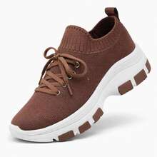 Women's Casual Platform Sneakers, Lightweight, Comfortable, Fashionable, Everyday, Gym, Walking, Sizes 34 To 39, On , Sporty, Lace-Up, Woven, Flying, Home - 鏽棕色 - 查看 4