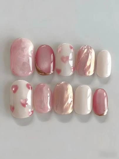 10pcs Handmade Wearable Nail Tips, Short Style, Japanese Nail Art Design, Acrylic Nail Stickers, Summer Short Wearable Nails, Pink Tie Dye Heart Gold Mirror Pink White Pink Cat Eye Nail Art, Essential Accessory For Women Handmade Press On Nails