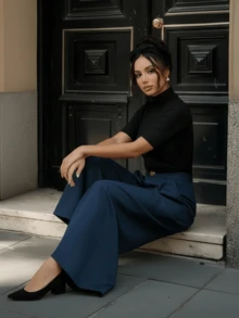 High-Waisted Summer Trousers, Wide-Leg High-Waisted Trousers With Pleats, Sizes S M L - Màu xanh hải quân - Xem 4
