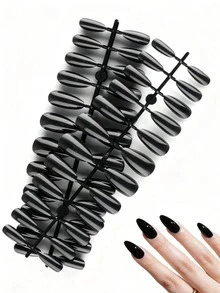 5 piezas de uñas postizas con forma de almendra, en múltiples tamaños negros, con acabado brillante, adecuadas para salón de uñas y manualidades de mujeres y niñas - Negro - Ver 4