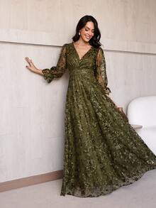 Long Olive Green Victoria Party Dress In Embroidered Lace With 3/4 Sleeves And V-Neck - Sophisticated And Elegant - Màu xanh Ô liu - Xem 6
