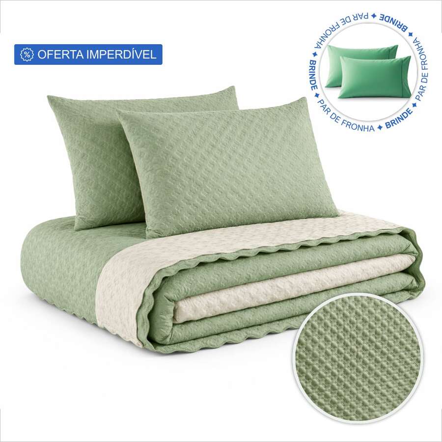 Double Bedspread Set, Standard Inovit 3-Piece Double-Sided Premium Quilted Bedspread With Pillowcase - Green - View 1