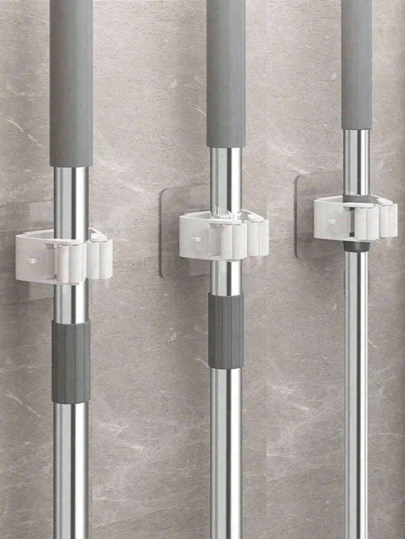 8Pcs Self Adhesive Broom Mop Holder Wall Mounted No Drilling, Heavy Duty Anti Slip Wall Hooks Organizer, Cleaning Tool Storage Accessories For Bathroom Kitchen Garage