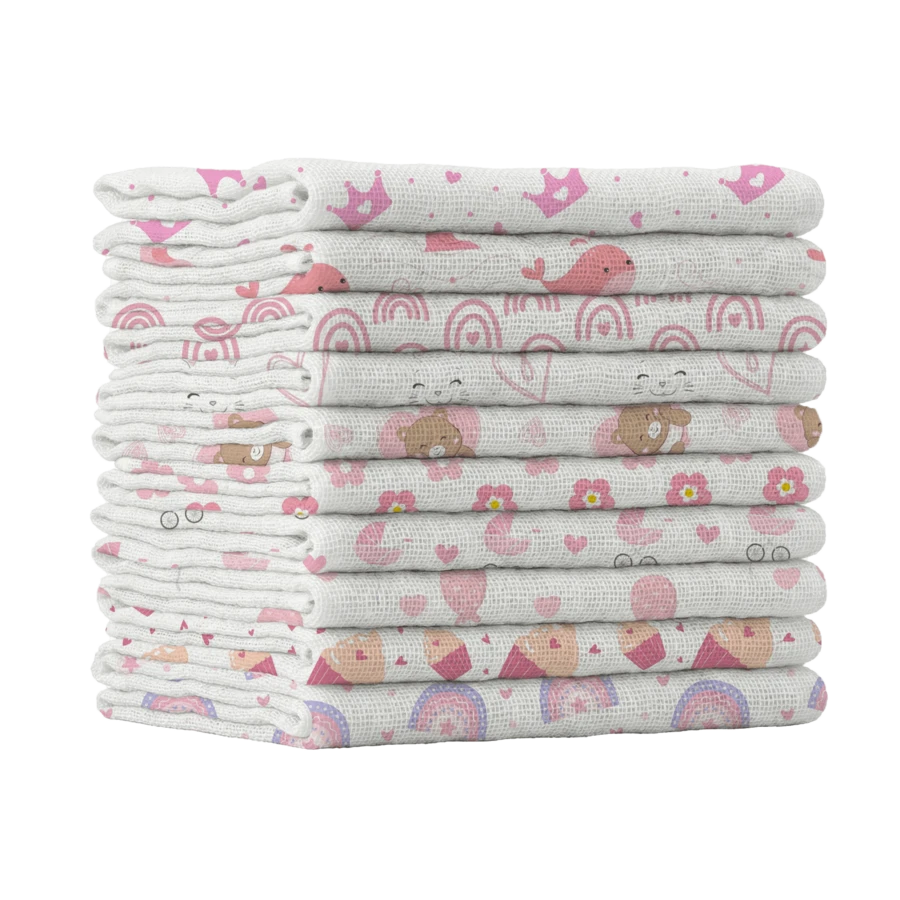 Pack/Kit Of 10 Luxury Printed Baby Bibs 35x35cm Plain, Unhemmed, 100% Cotton, Double Layer Fabric - Newborn Maternity Layette, Pink Baby Bib For Girls - 女性化 - 查看 1