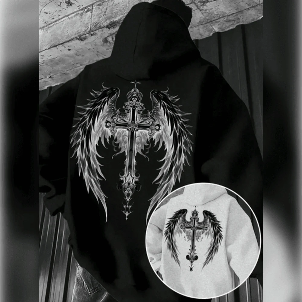 Unisex Kangaroo Hoodie For Women And Men, Flannel Hooded Jacket, Cotton Sweatshirt With Wings And Cross Design - 黑色 - 查看 1