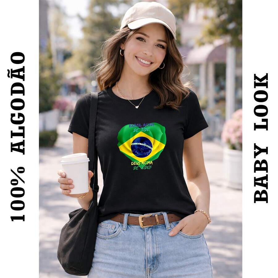 Camiseta Baby Look Brasil Deus Acima de Todos Camisa Feminina Algodão Confortável - Preto - Visão 1