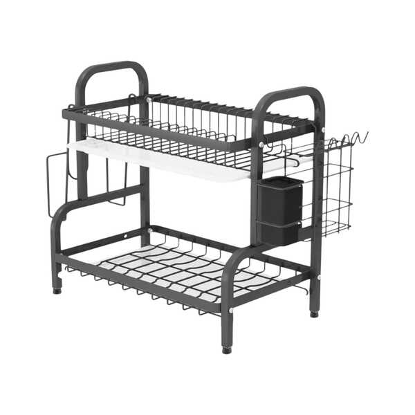 Escorredor Para Louças de 2 Andares com Porta Talheres Porta Copo e Pratos Cor Preta com Bandeja