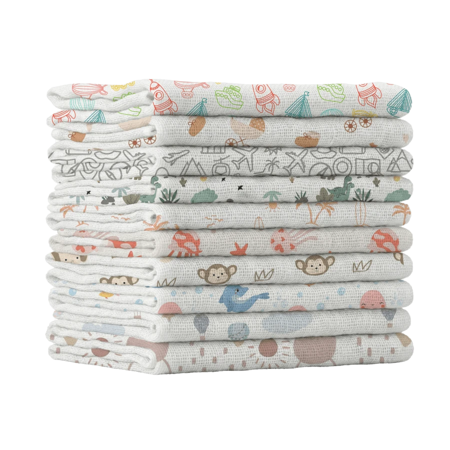 Pacote/kit 10 Panos De Boca Luxo Estampada 35x35cm Comum Sem Bainha 100% Algodão Tecido Duplo - Enxoval Maternidade Recém Nascido Babete Neutro Unissex - Neutro - Visão 1