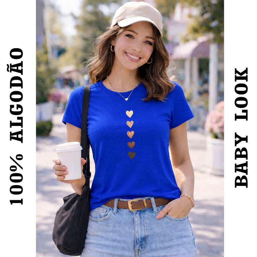 Camiseta Baby Look Coraçõezinhos Camisa Feminina Algodão Confortável - Azul - Visão 1