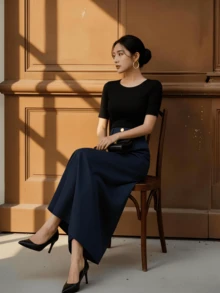 High-Waisted Summer Trousers, Wide-Leg High-Waisted Trousers With Pleats, Sizes S M L - Màu xanh hải quân - Xem 5