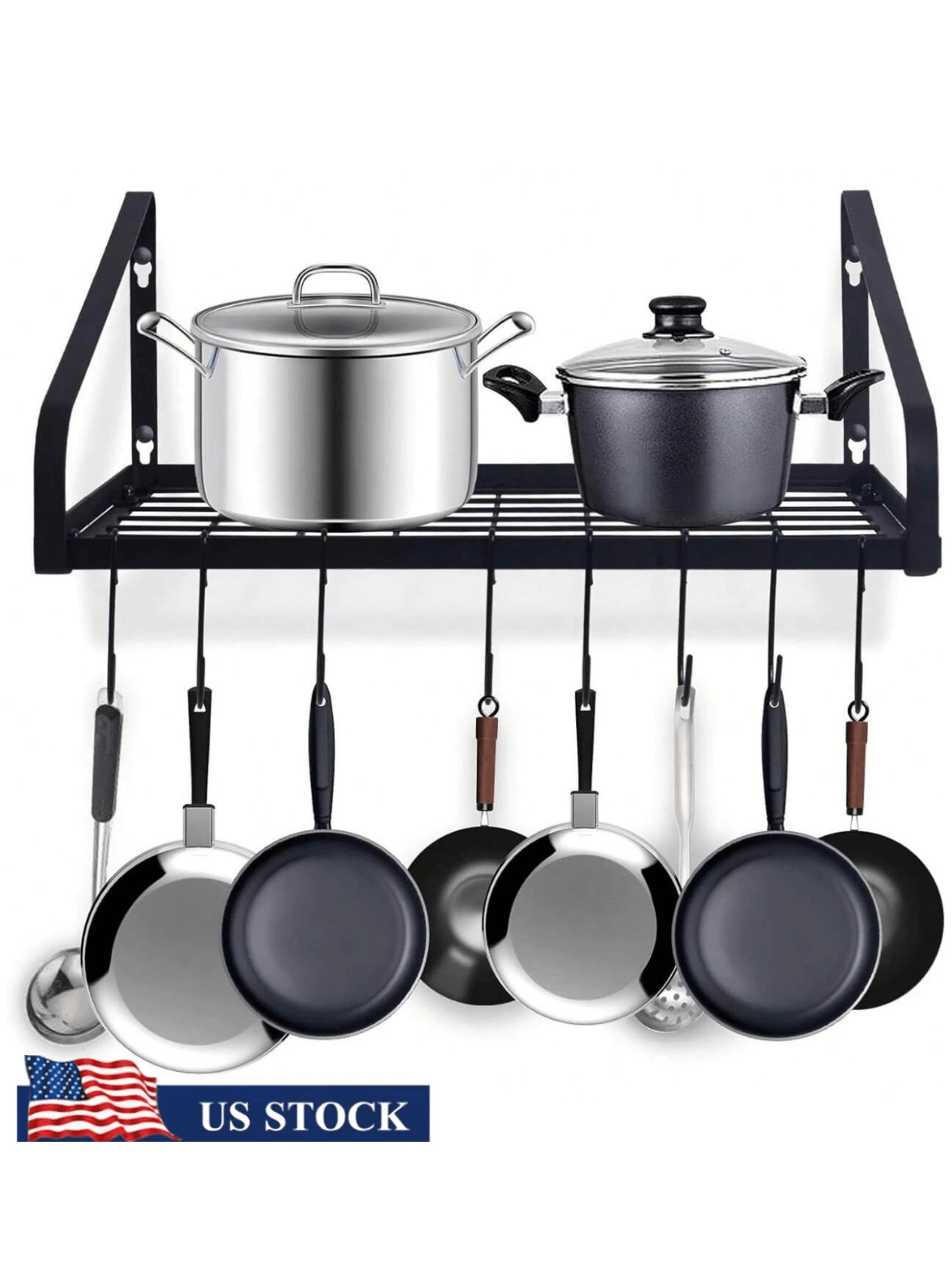 1pc Pot And Pan Hanger, Wall Mounted Pots And Pan Hanging Rack With 8 Hooks For Kitchen Cookware Utensils 2 DIY Methods Black Steel Hanging Pot Rack - Black - View 1