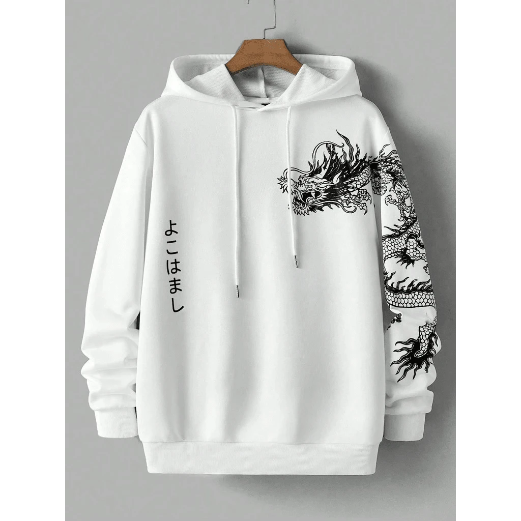 Unisex Kangaroo Hoodie For Women And Men, Flannel Hooded Jacket, Cotton Sweatshirt, Japanese Dragon Design - 白色 - 查看 1
