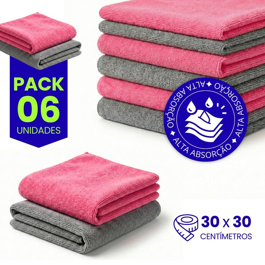 Kit Pano de Limpeza Cozinha Multiuso Panos Microfibra Alta Absorção Coloridos Limpeza Doméstica - 6 Unidades - Pink - Cinza - Visão 1