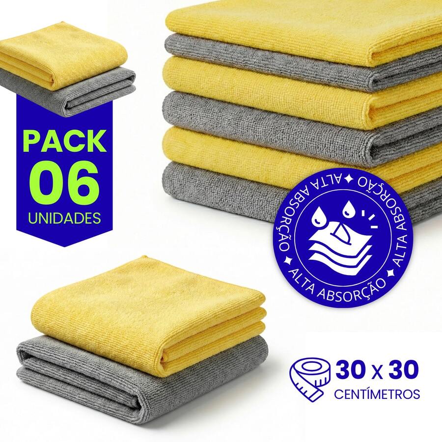 Microfiber Kitchen Cleaning Cloth Kit, Terry Cloth, High Absorption, Magic Cloth - 6 Units - Amarillo - Gris - Ver 1