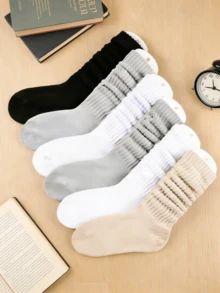 Solid Color Slouch Crew Socks - Japanese JK Style Ruffled Design, Multi-Color Basic Women's Socks, Breathable & Comfortable, Perfect For School, Office, Daily Wear, Matching With Loafers, Mary Janes, And Casual Outfits For Girls & Women - Multicolor - View 1