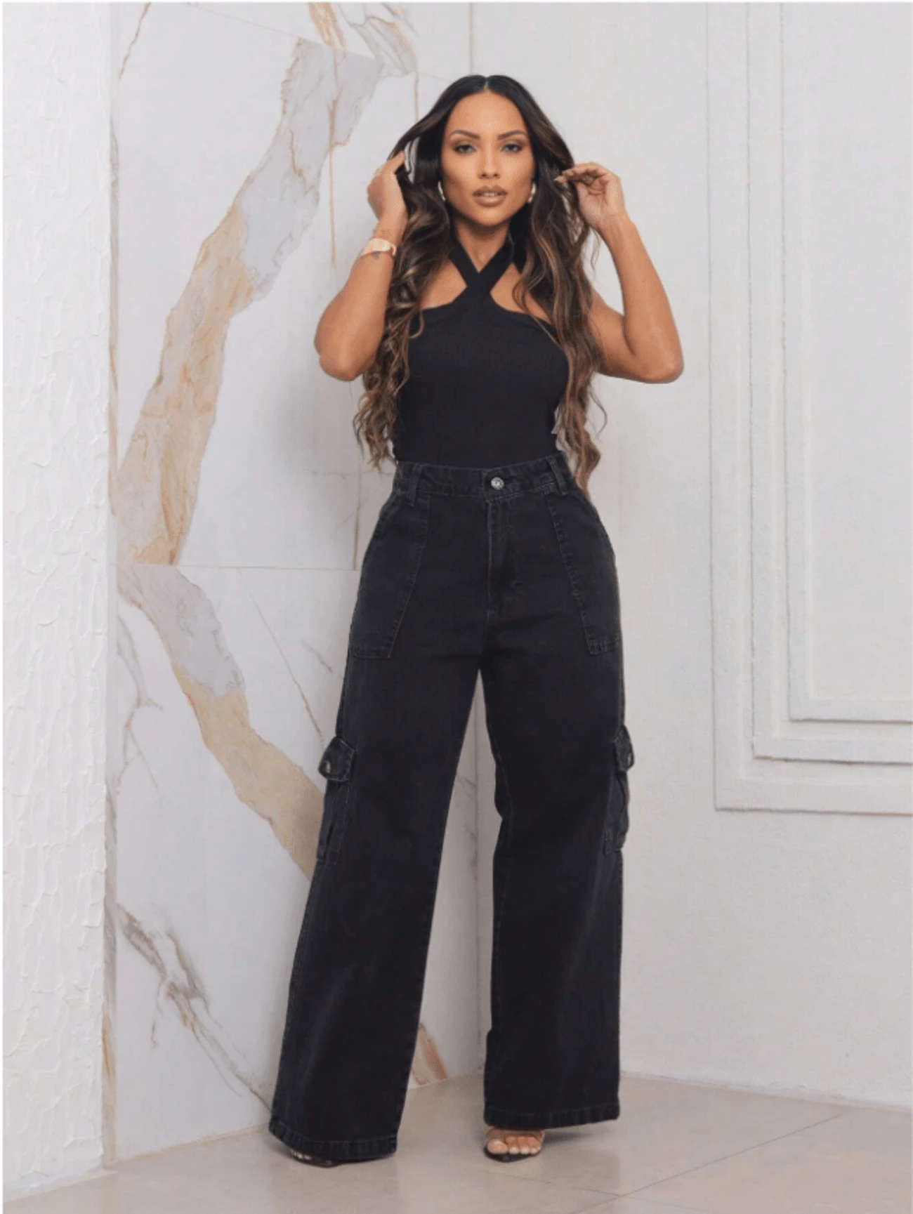 Women's Black Cargo Jeans With Pocket - màu đen - Xem 1