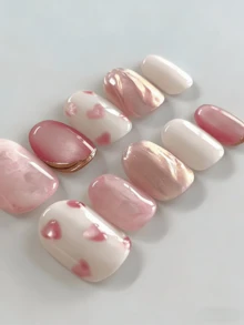 10片手工可佩戴美甲贴片，短款，日式美甲设计，亚克力美甲贴纸，夏季短款美甲，粉色扎染爱心金色镜面粉白粉色猫眼美甲，女士必备手工按压式美甲 - 粉色 - 查看 2