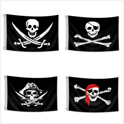 Bandera pirata de calavera y huesos cruzados de 3x5 pies - Bandera Jolly Roger de poliéster resistente con ojales de latón para decoración interior y exterior