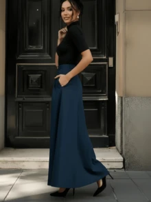 High-Waisted Summer Trousers, Wide-Leg High-Waisted Trousers With Pleats, Sizes S M L - Màu xanh hải quân - Xem 2