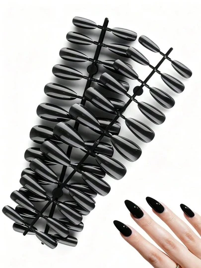 5pcs Almond Shaped Press-On Gel Nails, Multiple Black Sizes, Glossy Finish, Suitable For Women & Girls Nail Salon And DIY