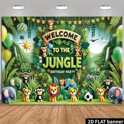 Banner chúc mừng sinh nhật 2D phẳng, Trang trí tiệc sinh nhật chủ đề "Chào mừng đến với cuộc phiêu lưu trong rừng rậm", Phông nền tiệc sở thú, Poster rừng nhiệt đới, Tiệc sinh nhật, Thích hợp để trang trí lễ hội, Làm phông nền cho các sự kiện kỷ niệm, Trang trí đa năng, Quà tặng lễ hội, Chất liệu polyester, Không cần nguồn điện