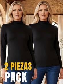 Set 2 Blusas Mujer Manga Larga Interior Térmico Invierno Dama - NEGRO Y NEGRO - Ver 5