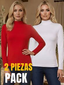 Set 2 Blusas Mujer Manga Larga Interior Térmico Invierno Dama - Rojo y blanco - Ver 5