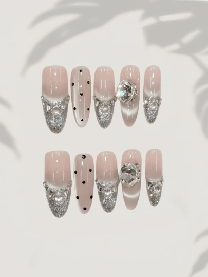 10片装手工短款可佩戴美甲贴片，自粘亚克力假指甲，日式美甲装饰，夏季女士短指甲，水晶猫眼银色闪粉黑色波点可爱美甲，约会必备