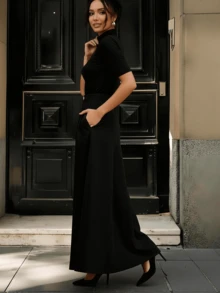 High-Waisted Summer Trousers, Wide-Leg High-Waisted Trousers With Pleats, Sizes S M L - Black - View 2