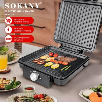 SOKANY SK-08143 Electric Grill, 1500W Powerful, Double-Sided Heating, 3 Temperature Settings, Anti-Scald Handle, Easy To Clean. Ideal For Cooking Steak And Vegetables, A Practical Kitchen Appliance For Home Use.