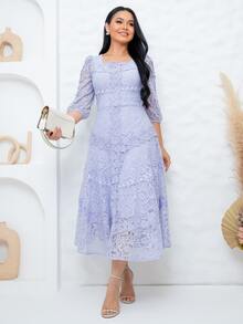 Elegant Midi Dress For Parties, Bridesmaids, Weddings, 3/4 Sleeves, Flowy Fit - tử đinh hương - Xem 1
