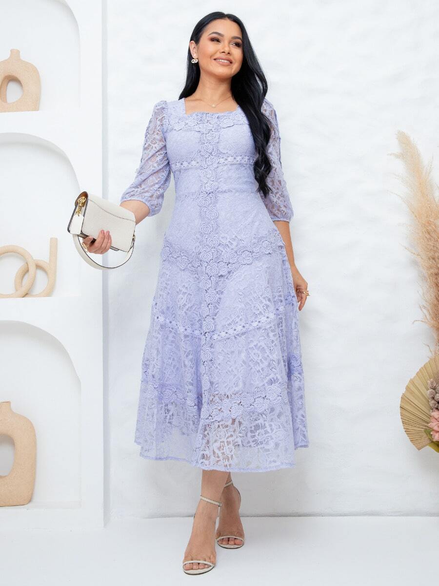 Elegant Midi Dress For Parties, Bridesmaids, Weddings, 3/4 Sleeves, Flowy Fit - tử đinh hương - Xem 1