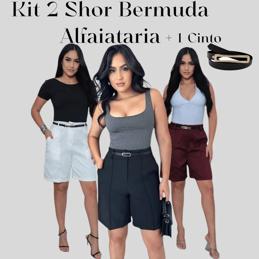 kit 2 short bermuda alfaiataria feminino ENVIO IMEDIATO ACOMPANHA CINTO - Preto Y Preto +1 Cinto - Visão 1