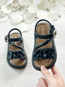 Black Toddler Girls Ruched Detail Ankle Strap Sandals - Soft Sole Open Toe Summer Beach Shoes - Black - View 4