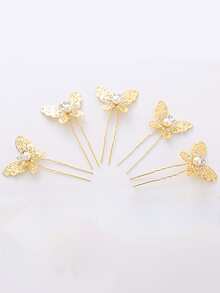 5pcs Women's U-Shaped Hair Clips, Gold Butterfly Pearl Rhinestone Bridal Hair Pins For Bun Hairstyle, Minimalist Everyday Wedding Hair Accessories - Gold - View 6