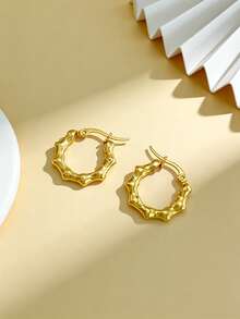 1/3 Pairs Gold Geometric Stainless Steel Earrings, Gold-Plated Stainless Steel Jewelry, Women's Earrings, Hoop Earrings, Dangle Earrings, Gold-Plated Hinged Round Earrings, Bamboo Texture, Diamond Cut, Hexagon, Square, Round, Butterfly Design, Durable Low-Allergy Earrings Suitable For Sensitive Ears, Charming Women's Accessories, Middle Eastern Fashion Accessories, Ramadan Decoration Accessories And Gifts, Party And Holiday Gifts - Multicolor - View 3