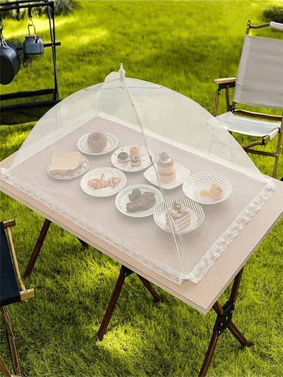 1个可折叠白色防虫食物罩 - 可拆卸可清洗网状蔬菜用餐帐篷，适用于露营/餐厅
