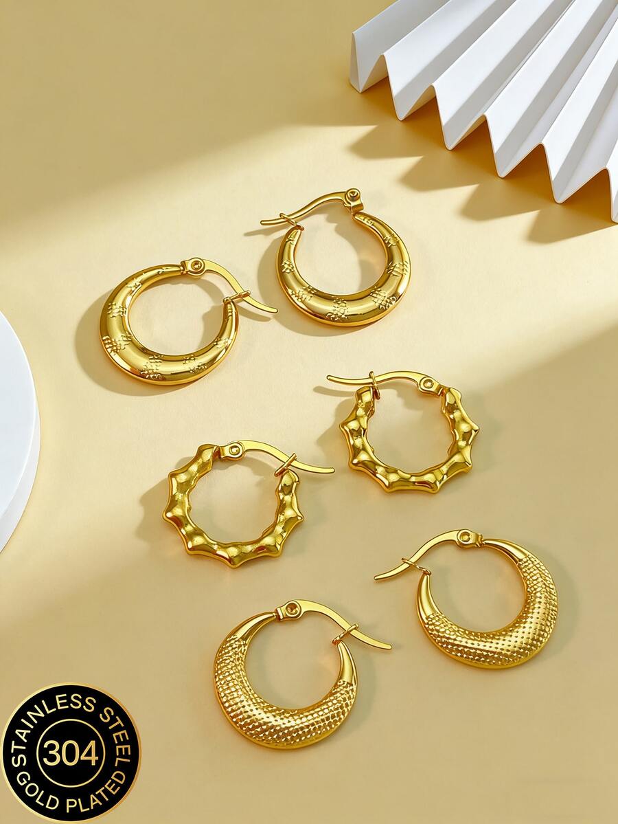 1/3 Pairs Gold Geometric Stainless Steel Earrings, Gold-Plated Stainless Steel Jewelry, Women's Earrings, Hoop Earrings, Dangle Earrings, Gold-Plated Hinged Round Earrings, Bamboo Texture, Diamond Cut, Hexagon, Square, Round, Butterfly Design, Durable Low-Allergy Earrings Suitable For Sensitive Ears, Charming Women's Accessories, Middle Eastern Fashion Accessories, Ramadan Decoration Accessories And Gifts, Party And Holiday Gifts - Multicolor - View 1