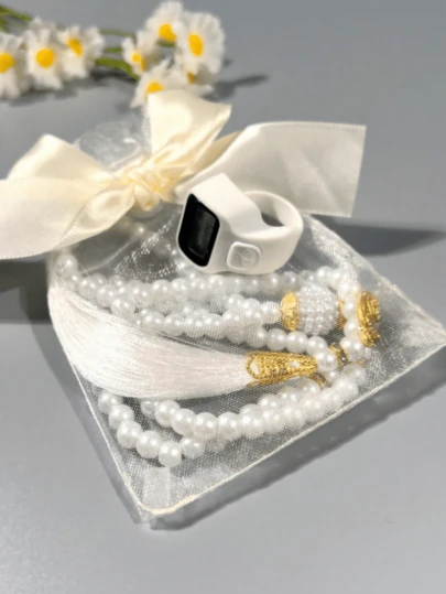 2pcs/Set New Bowknot Gift Bag Set, Includes Muslim Prayer Beads And Tasbih Bracelet, Bowknot Mesh Gift Bag Packaging, Comes With Finger Ring Tally Counter & Electronic Prayer Beads, Suitable For Holidays, Gifts And More