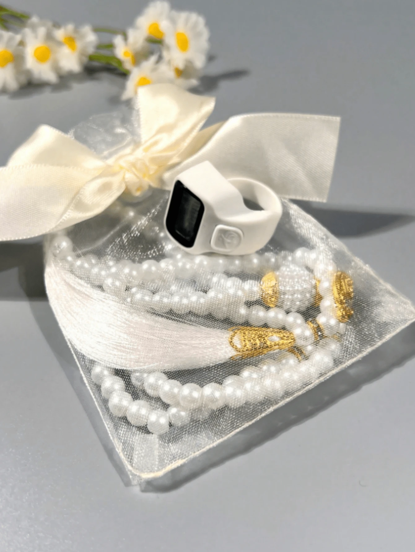 2pcs/Set New Bowknot Gift Bag Set, Includes Muslim Prayer Beads And Tasbih Bracelet, Bowknot Mesh Gift Bag Packaging, Comes With Finger Ring Tally Counter & Electronic Prayer Beads, Suitable For Holidays, Gifts And More - Multicolor - View 1