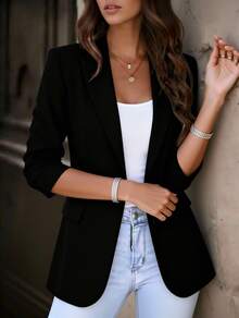 Bamboo Fashion Blazer alfataria com forro Fina de Mulher Cor Solida com botão feminino casaco elegante social coleção nova Blazer Curto para Mulheres, DesignChigue,Primavera Outono - Preto - Visão 4