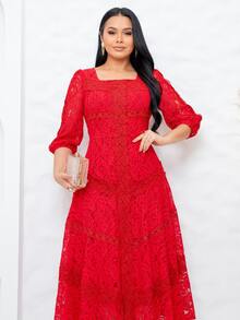 Elegant Midi Dress For Parties, Bridesmaids, Weddings, 3/4 Sleeves, Flowy Fit - Đỏ - Xem 3